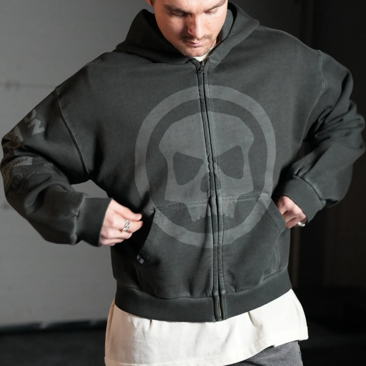HERITAGE SKULL ZIP HOODIE - SAGE GREY WASH Infamous Paintball