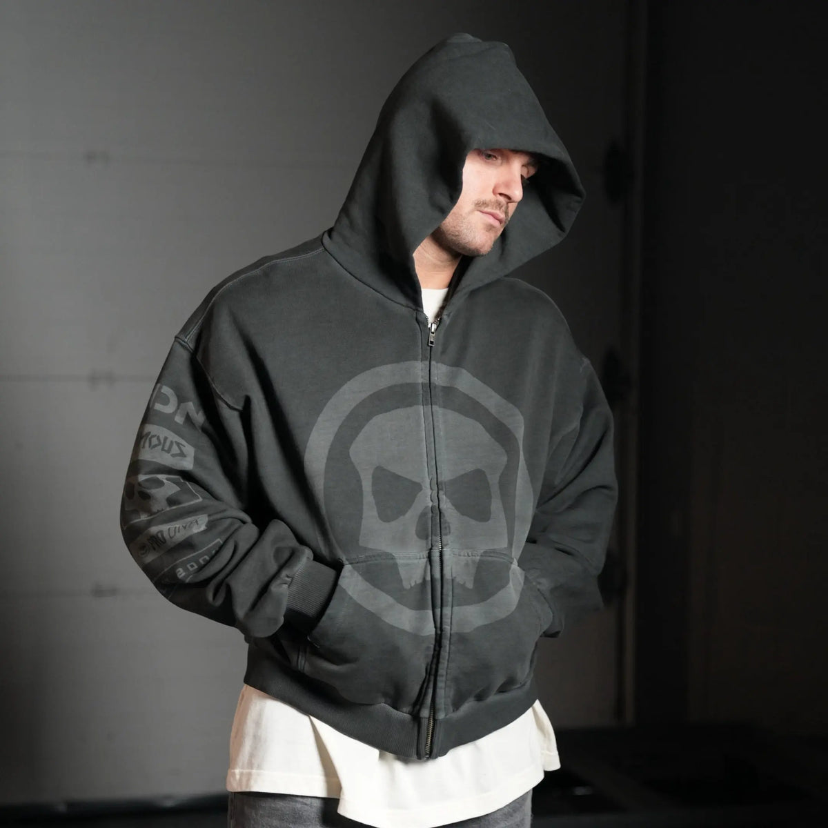 HERITAGE SKULL ZIP HOODIE - SAGE GREY WASH Infamous Paintball