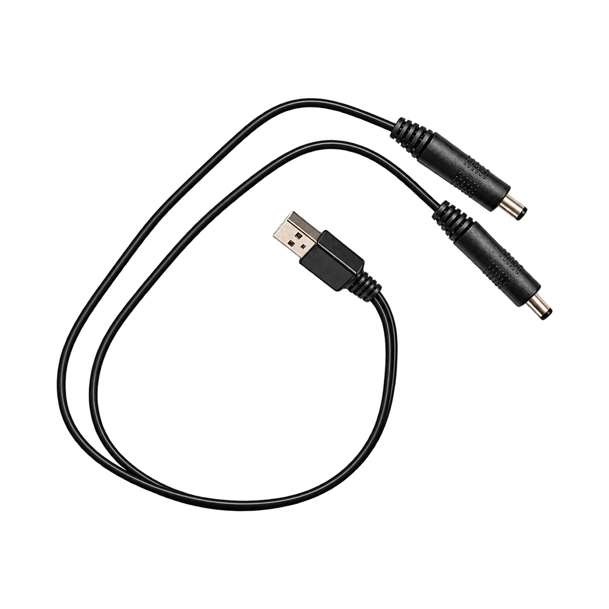 Black dual USB charger for 3.7V BEGO batteries with one USB-A plug and two barrel connectors