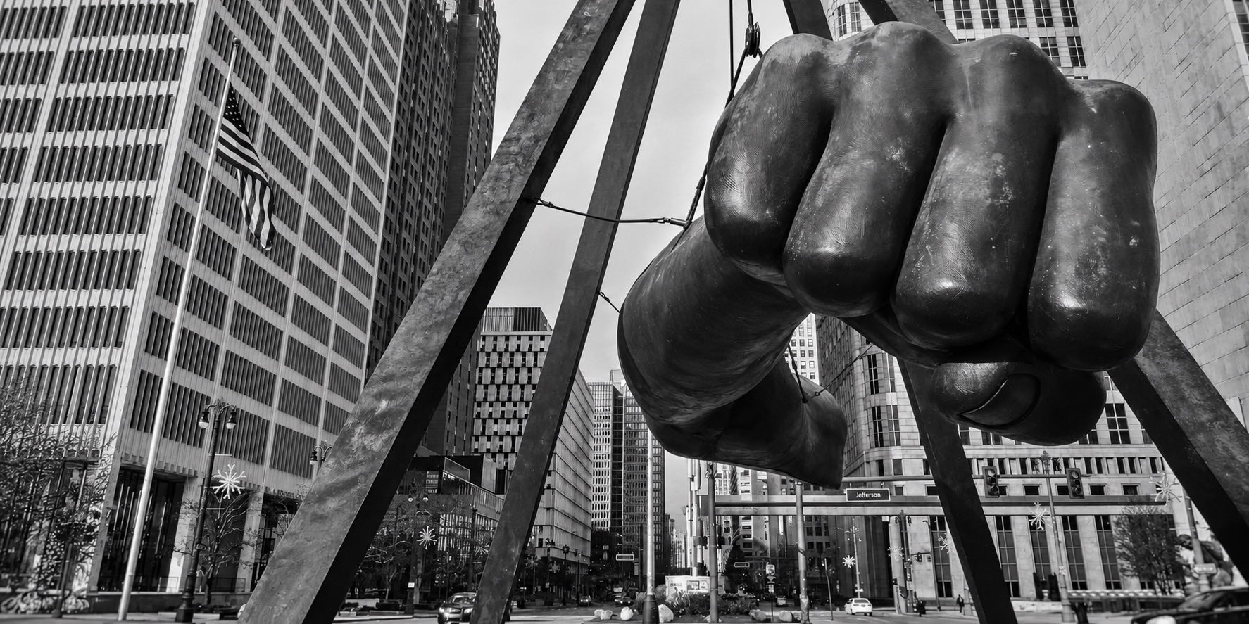 The Joe Louis fist monument in downtown Detroit, in black and white